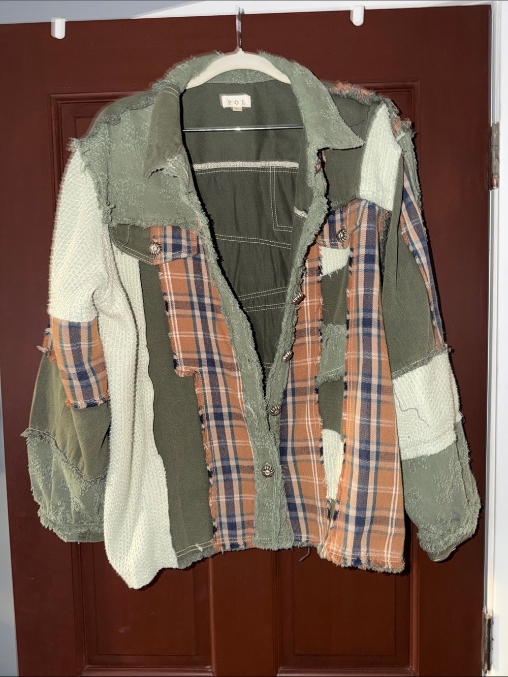 POL Patchwork Button-Up Jacket in Olive, Cream & Rust Plaid